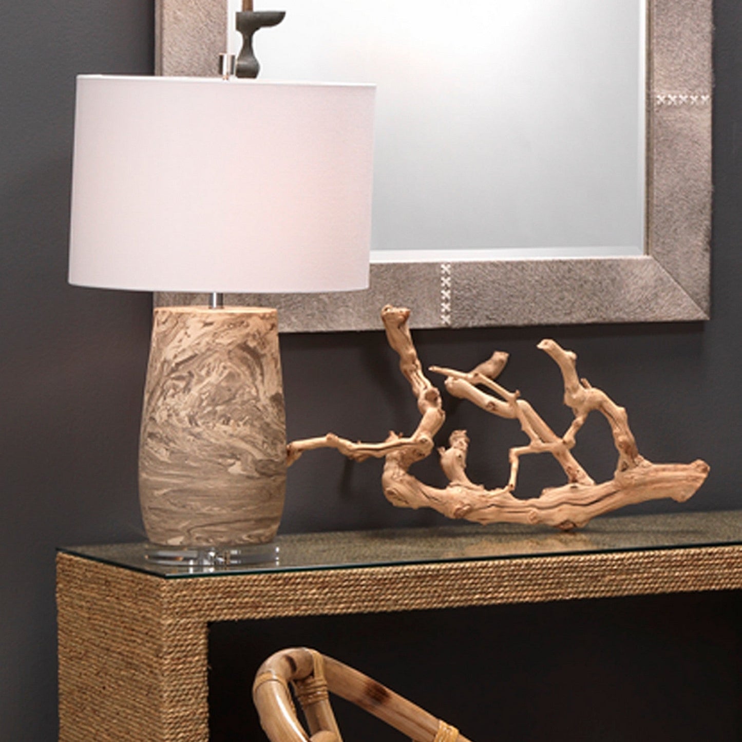 Jamie Young Aldrich 17" x 28" 1-Light Off-White Reactive Glaze Ceramic Table Lamp With White Linen Drum Shade