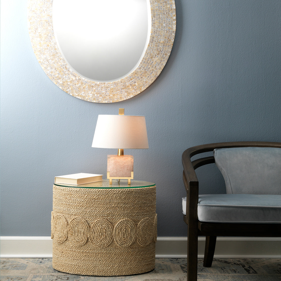 Jamie Young Bijou 11" x 17" 1-Light Pink Quartz & Gold Leaf Metal Table Lamp With White Linen Cone Shade