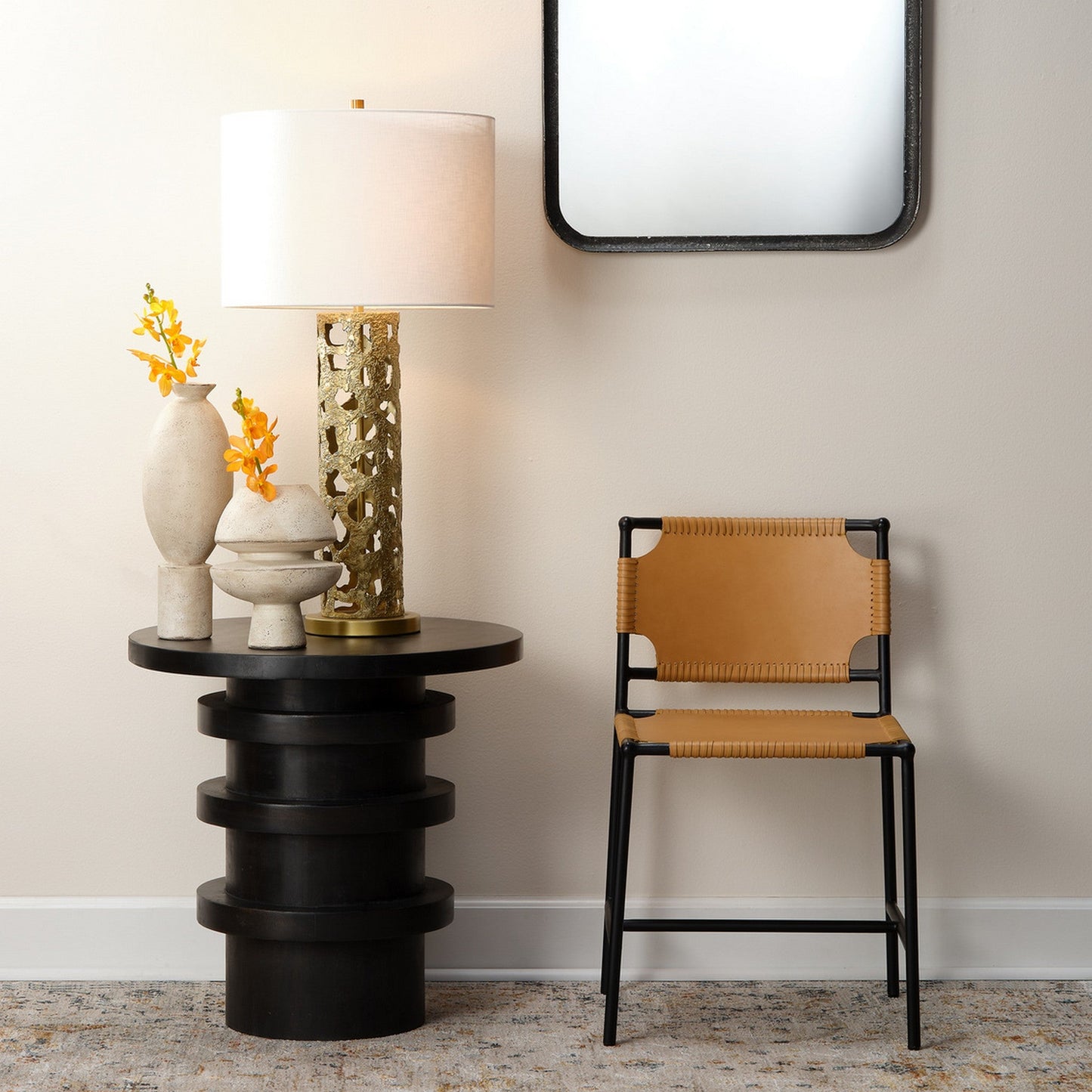 Jamie Young Firenze 16" x 29" 1-Light Antique Gold Leaf Table Lamp With White Linen Drum Shade