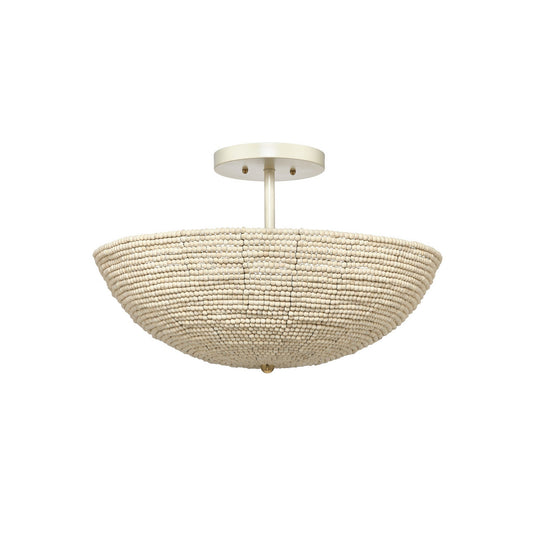 Jamie Young Tsunami 24" 3-Light Natural Wood Semi-Flush Mount Light With Handcrafted Beaded Shade