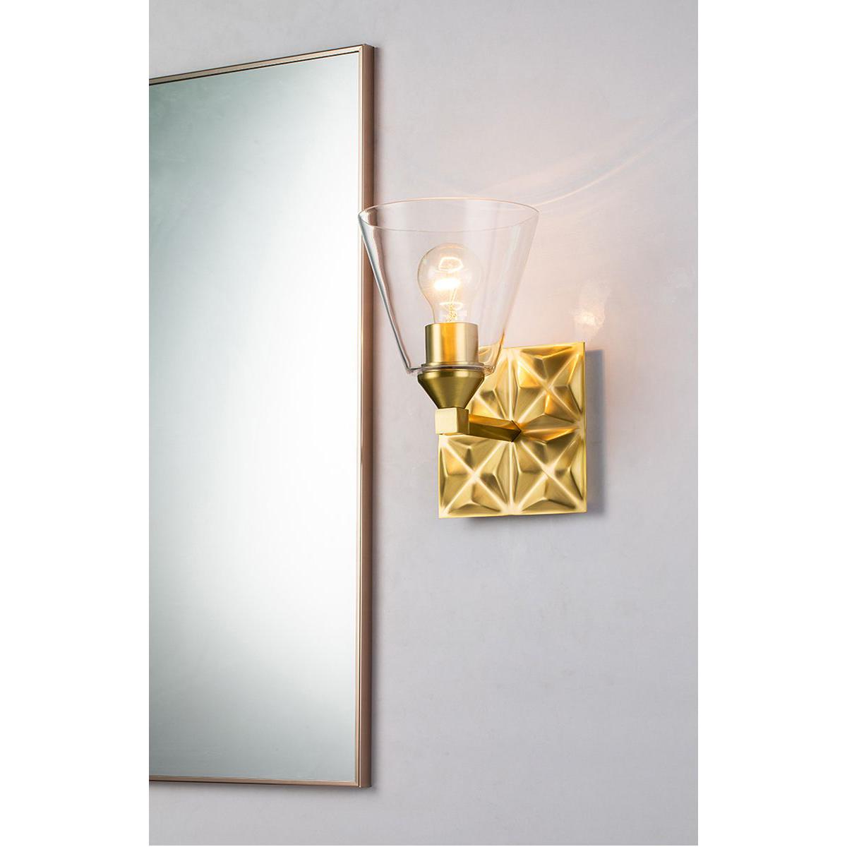 Lucas & McKearn Alpha 1-Light Aged Brass Wall Light With Cone Shape Clear Glass Shade