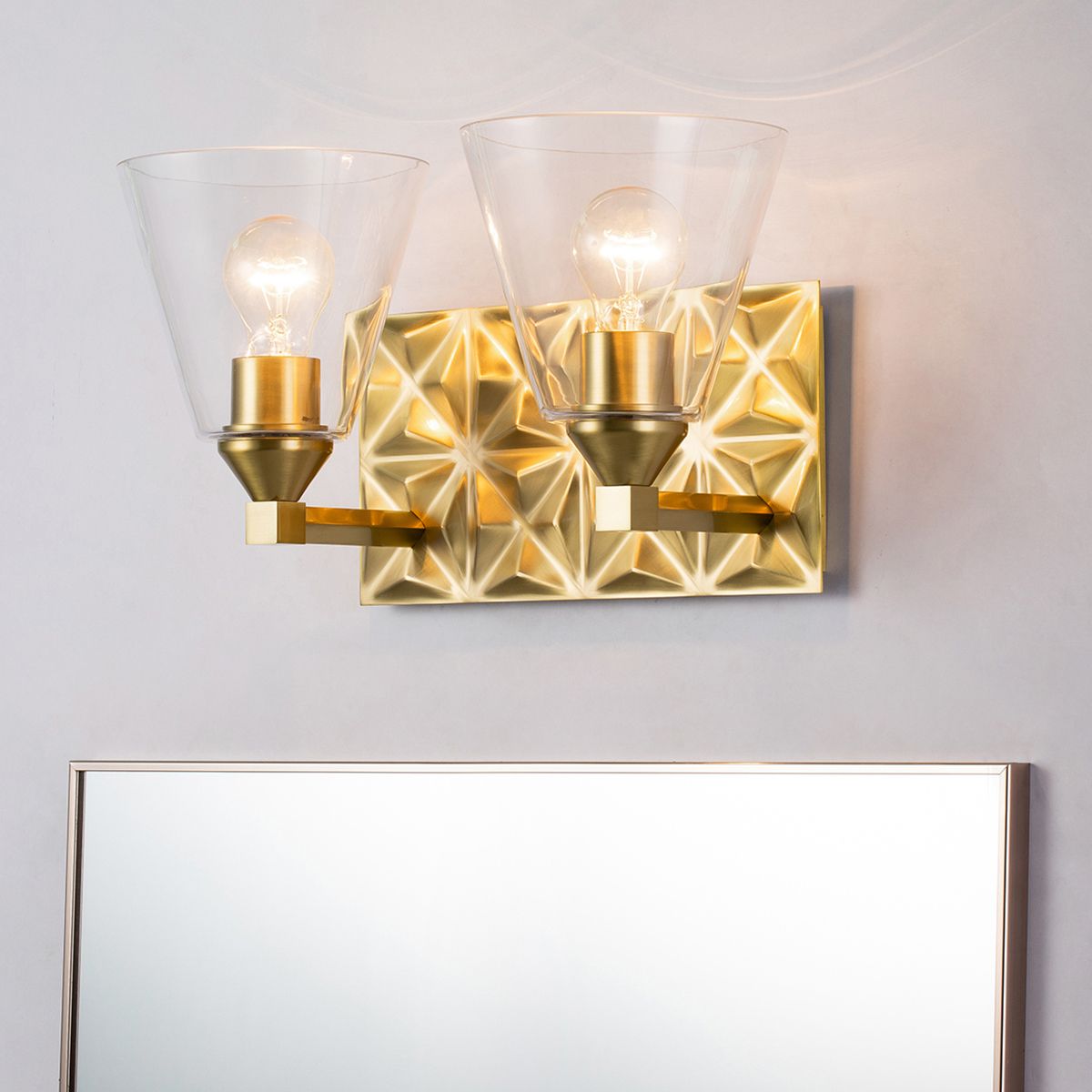 Lucas & McKearn Alpha 2-Light Aged Brass Wall Light With Cone Shape Clear Glass Shade