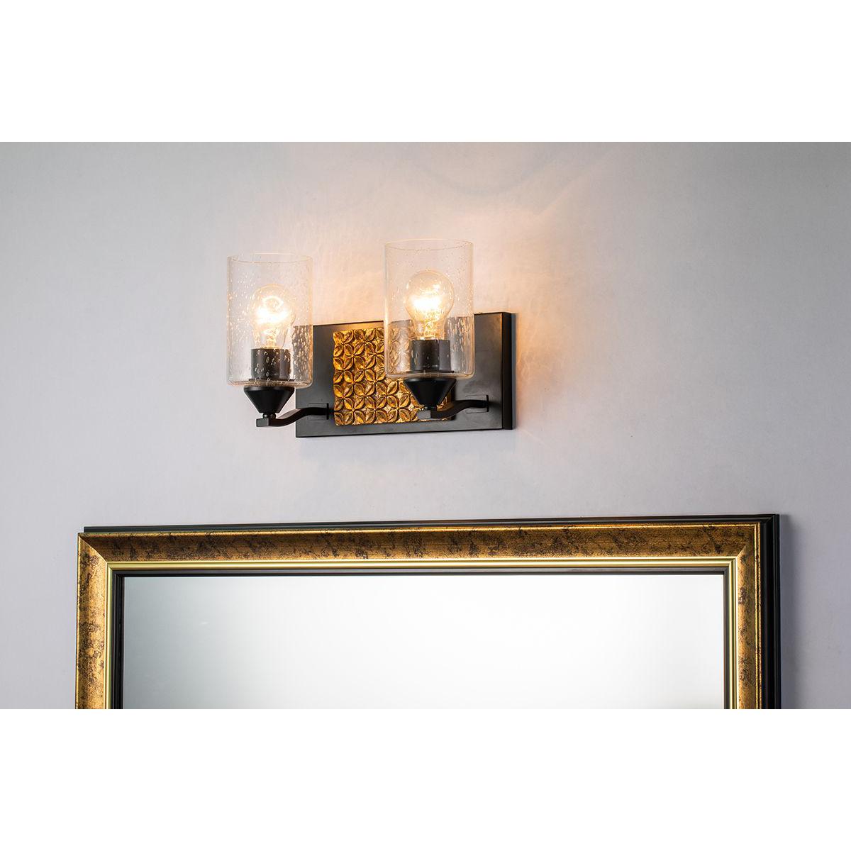 Lucas & McKearn Arcadia 2-Light Matte Black & Antique Gold Wall Light With Seeded Clear Glass Cylinder Shade