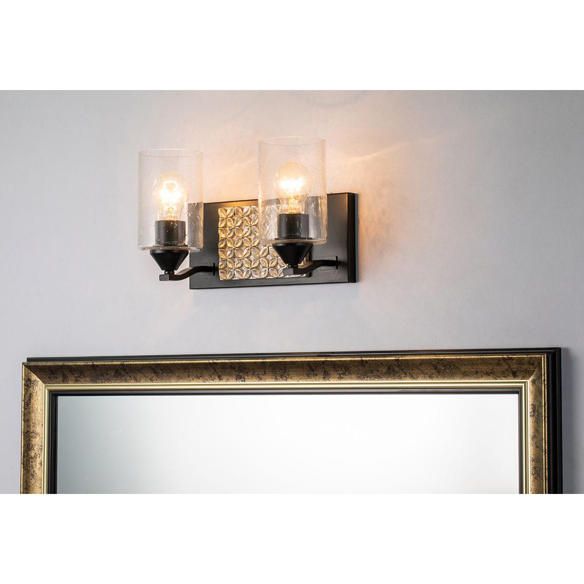 Lucas & McKearn Arcadia 2-Light Matte Black & Antique Silver Wall Light With Seeded Clear Glass Cylinder Shade
