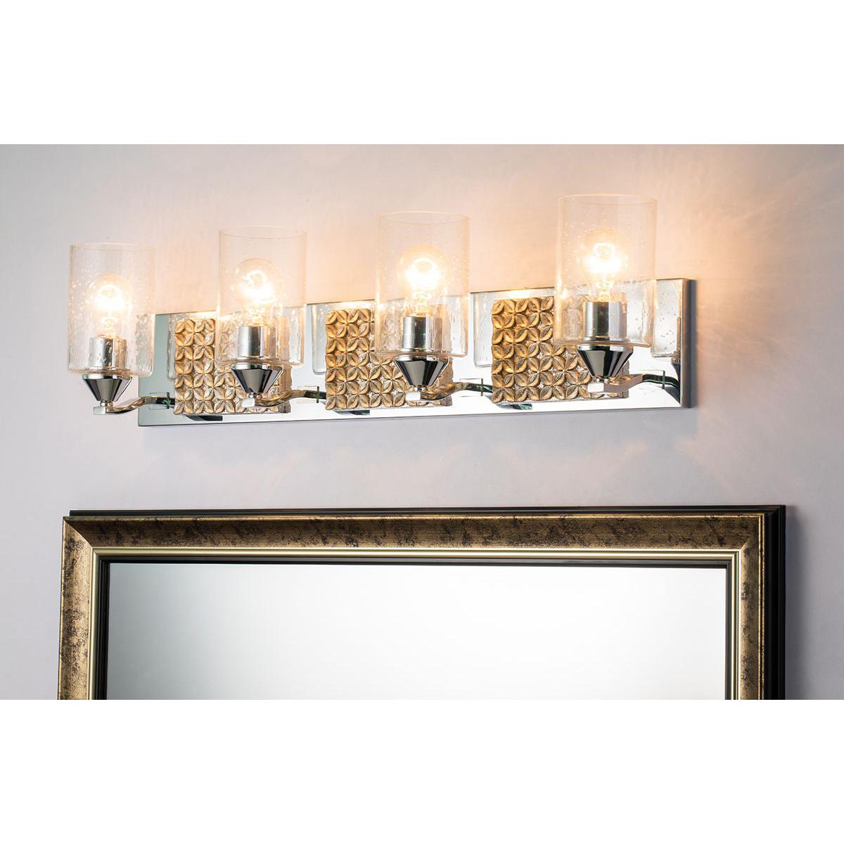 Lucas & McKearn Arcadia 4-Light Polished Chrome & Antique Silver Wall Light With Seeded Clear Glass Cylinder Shade