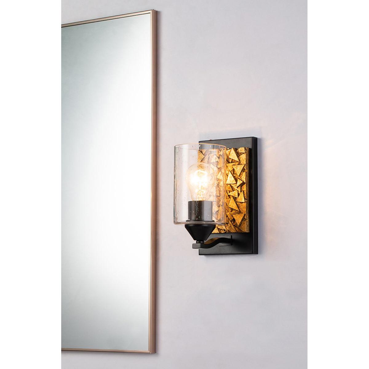 Lucas & McKearn Bocage 1-Light Matte Black & Antique Gold Wall Light With Seeded Clear Glass Cylinder Shade