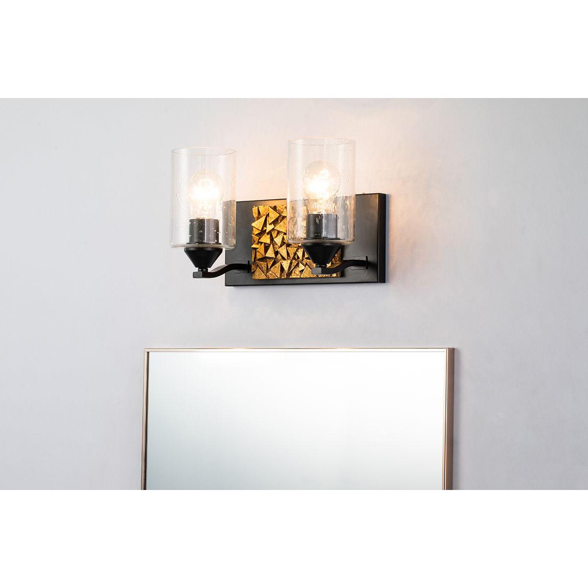 Lucas & McKearn Bocage 2-Light Matte Black & Antique Gold Wall Light With Seeded Clear Glass Cylinder Shade