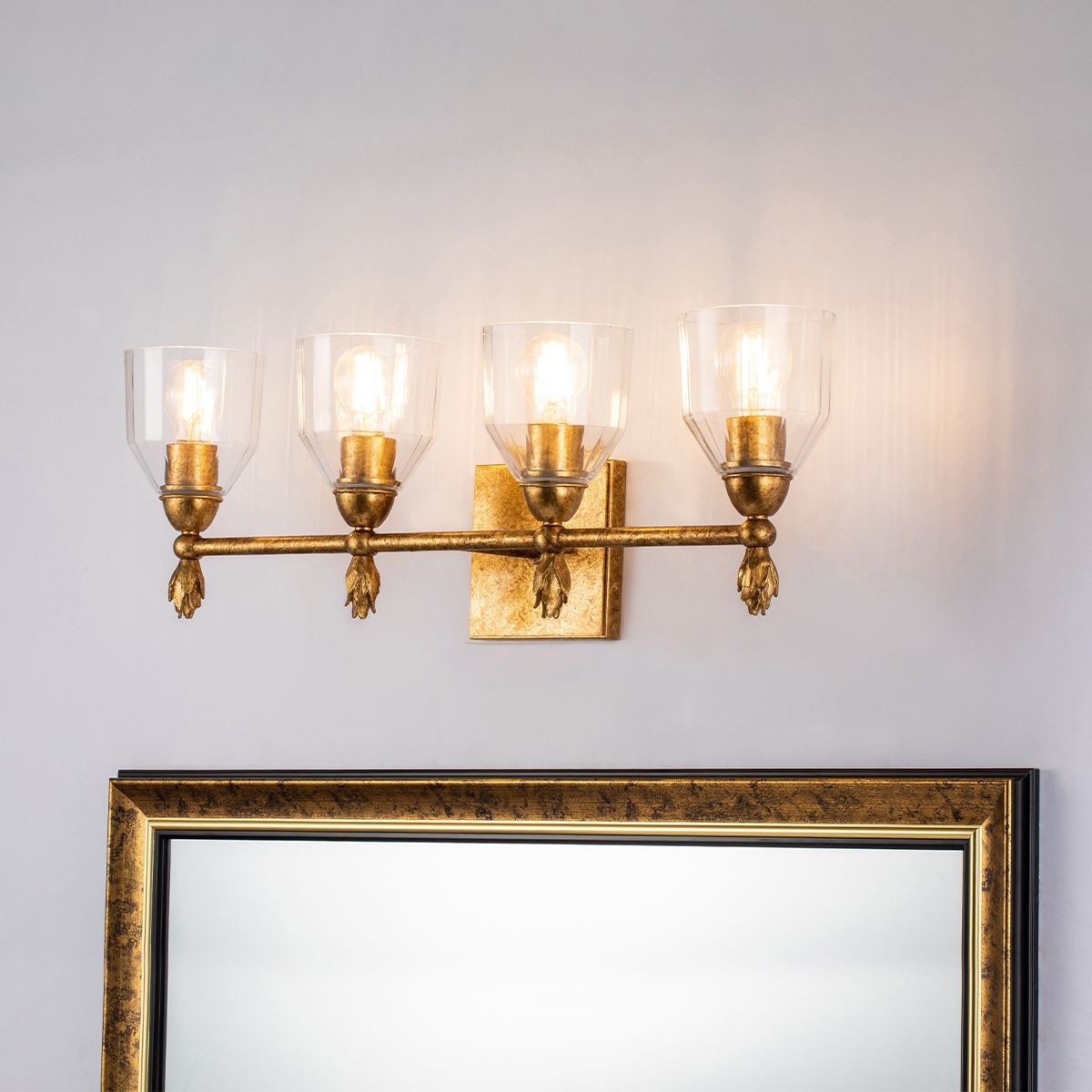 Lucas & McKearn Felice 4-Light Antique Gold Leaf Bar Light With Clear Glass Shade and Flame Gold Accent