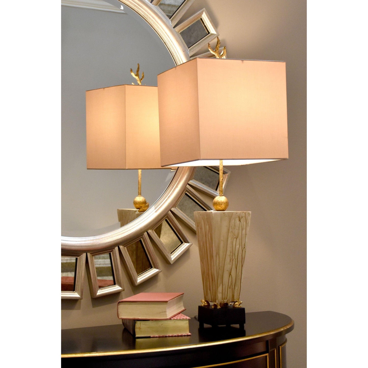 Lucas & McKearn Grenouille 31" Brass Buffet Table Lamp With Silk Square Shade and Gold Finial