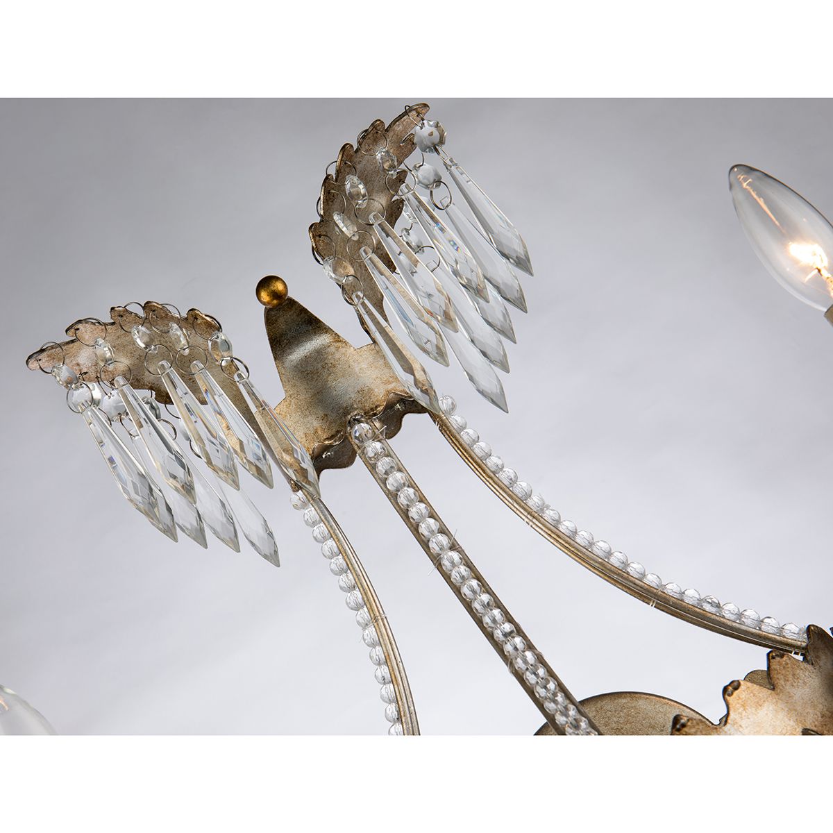 Lucas & McKearn Louis 2-Light Silver Wall Light With Gold Bobeches and Classic Beads Wrought Iron Frame