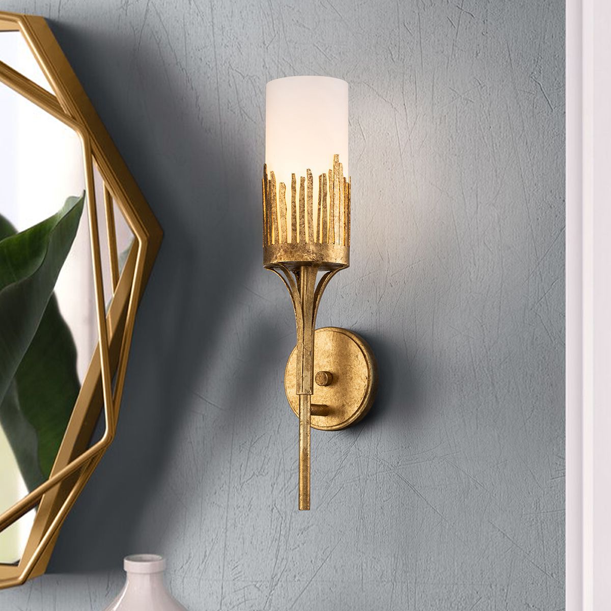 Lucas & McKearn Manor 1-Light Gold Leaf Wall Sconce With Opal Glass Candle Cover