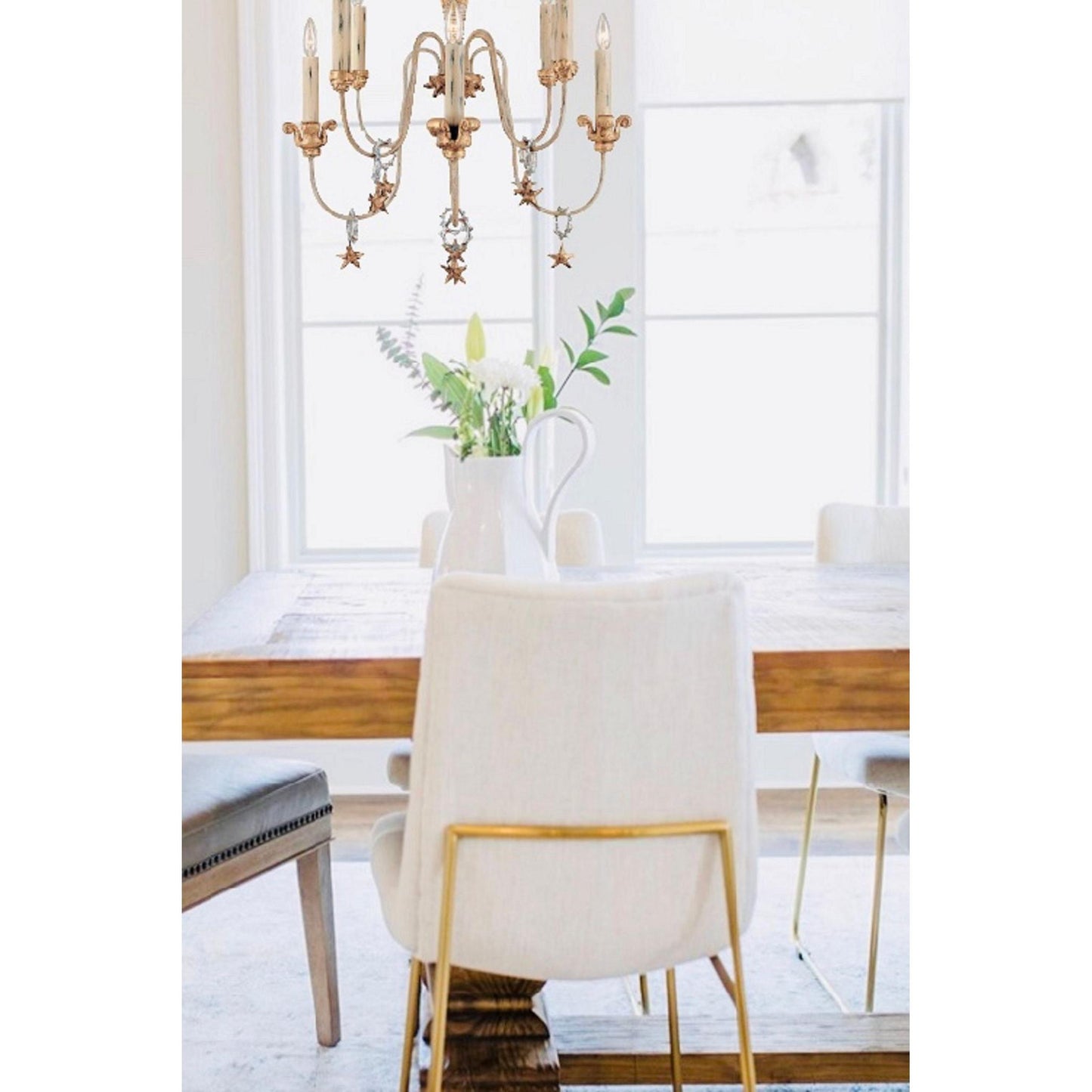 Lucas & McKearn Mignon 8-Light Distressed Ivory Chandelier With Silver rings and Gold Leaf Accent