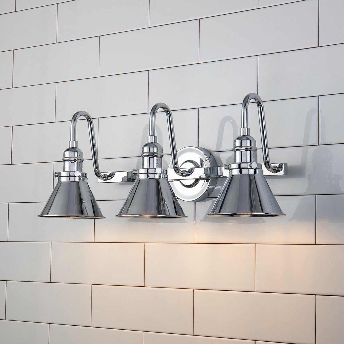 Lucas & McKearn Provence 3-Light Polished Chrome Wall Light With Cone-Shaped Metal Shade