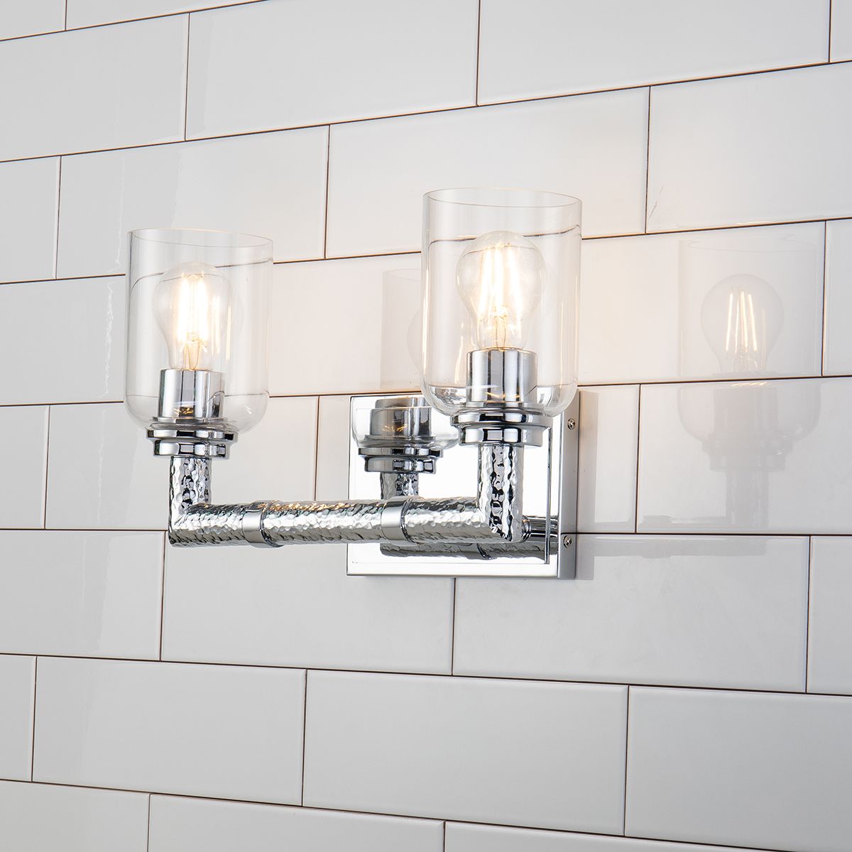 Lucas & McKearn Rampart 2-Light Polished Chrome Wall Light With Cylinder Shape Clear Glass Shade