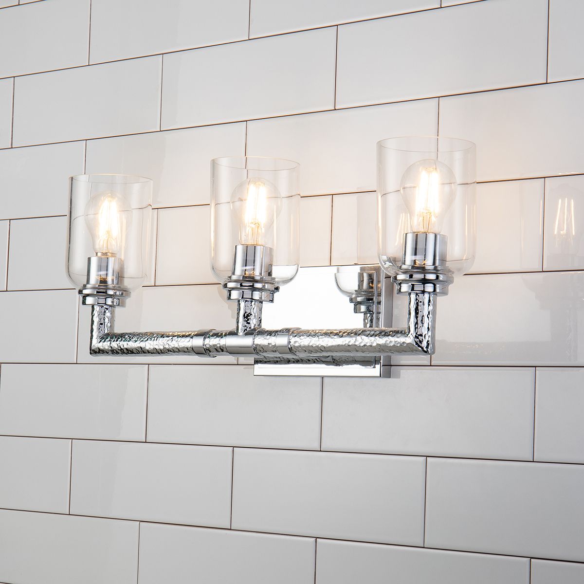 Lucas & McKearn Rampart 3-Light Polished Chrome Wall Light With Cylinder Shape Clear Glass Shade