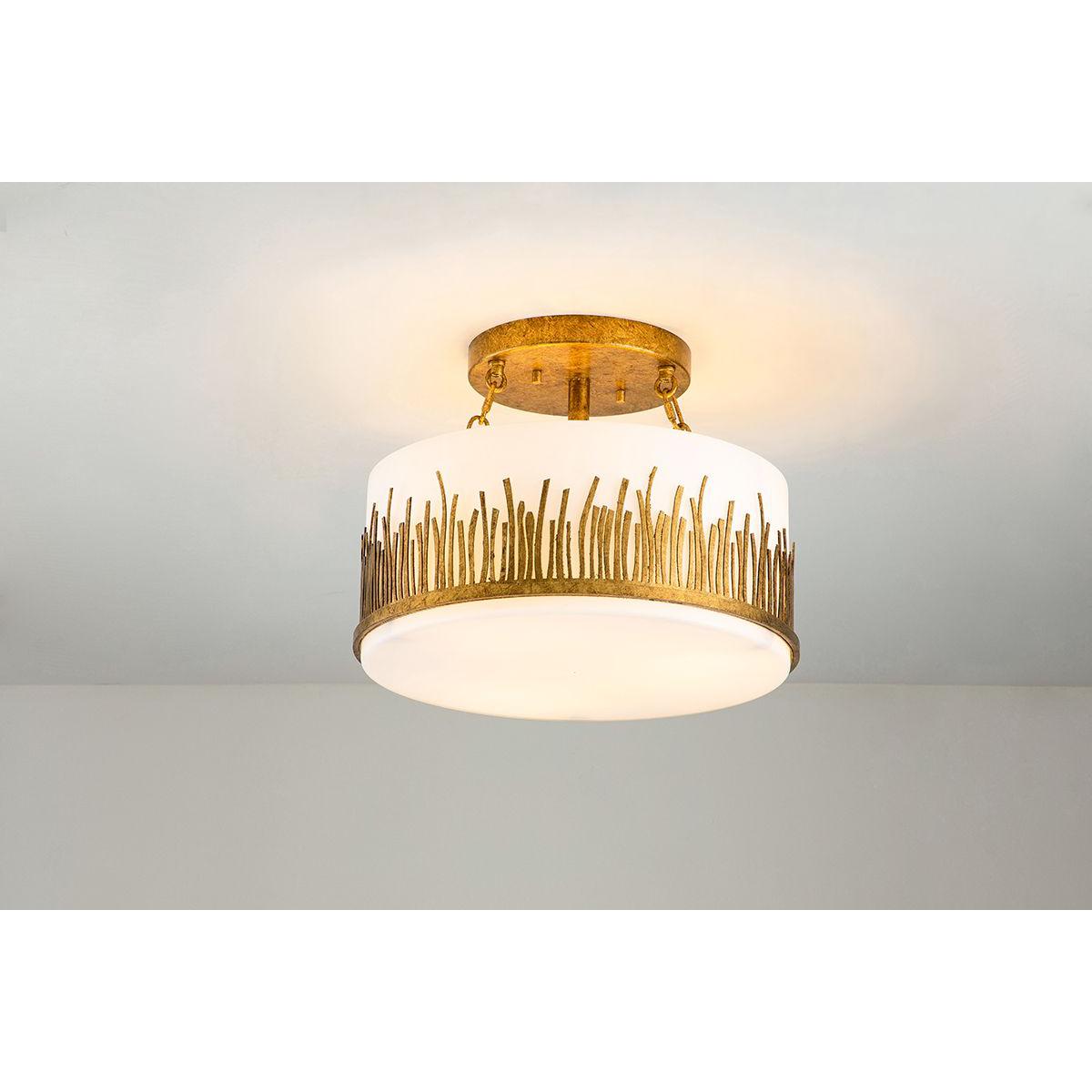 Lucas & McKearn Sawgrass 15" Round Gold Leaf Flush Mount Lighting With Frosted Glass Drum Shade