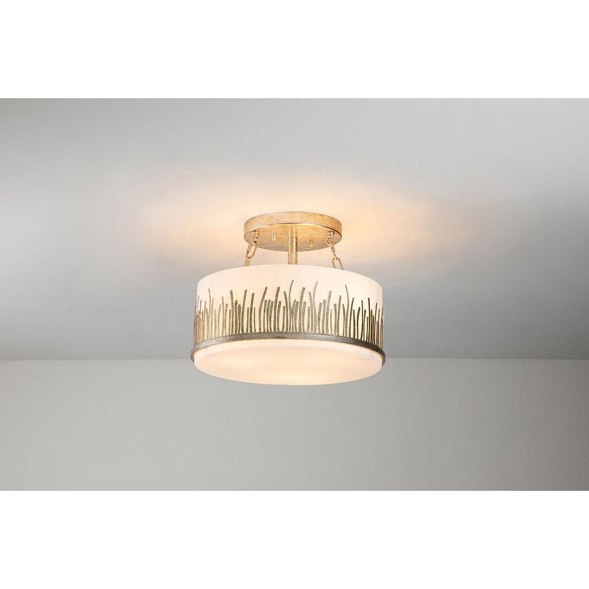 Lucas & McKearn Sawgrass 15" Round Silver Leaf Flush Mount Lighting With Frosted Glass Drum Shade