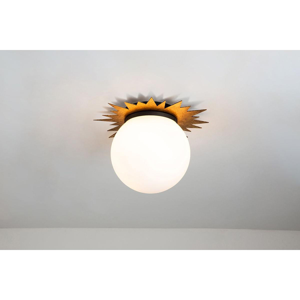Lucas & McKearn Soleil 15" Sun-Shaped Gold Leaf Flush Mount Lighting With Sanded Globe Glass Shade