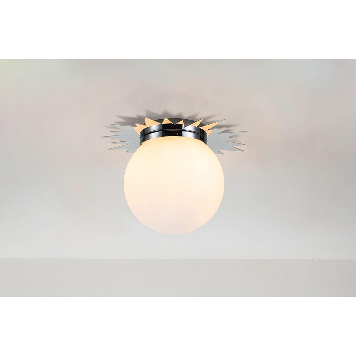 Lucas & McKearn Soleil 15" Sun-Shaped Polished Chrome Flush Mount Lighting With Sanded Globe Glass Shade