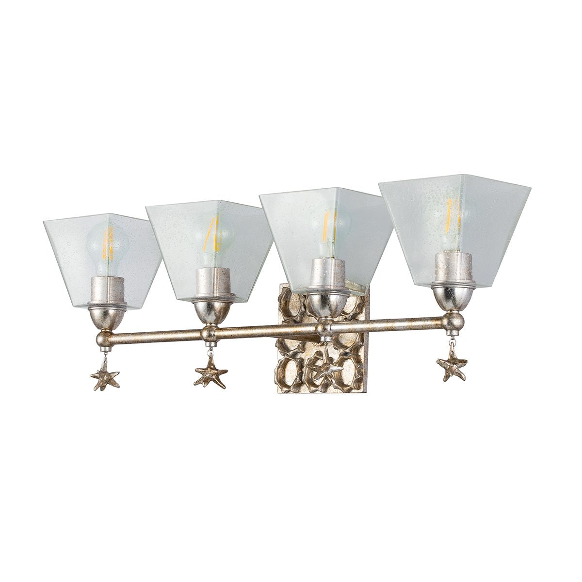 Lucas & McKearn Star 4-Light Antique Silver Leaf Bar Light With Water Glass Shade and Star Gold Accent