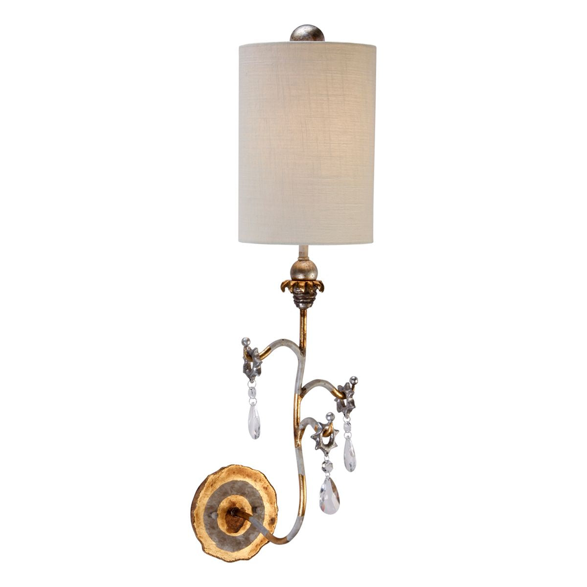 Lucas & McKearn Tivoli 1-Light Gold Wall Light With Creamy Linen Shade And Drop Crystal Accent