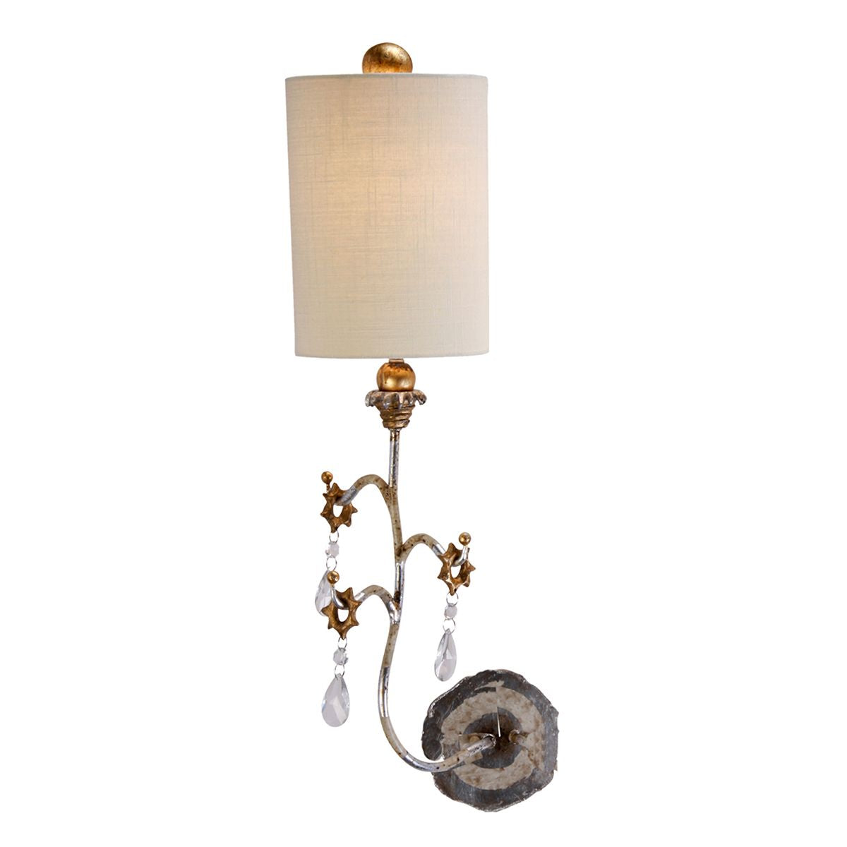 Lucas & McKearn Tivoli 1-Light Silver Wall Light With Creamy Linen Shade And Drop Crystal Accent
