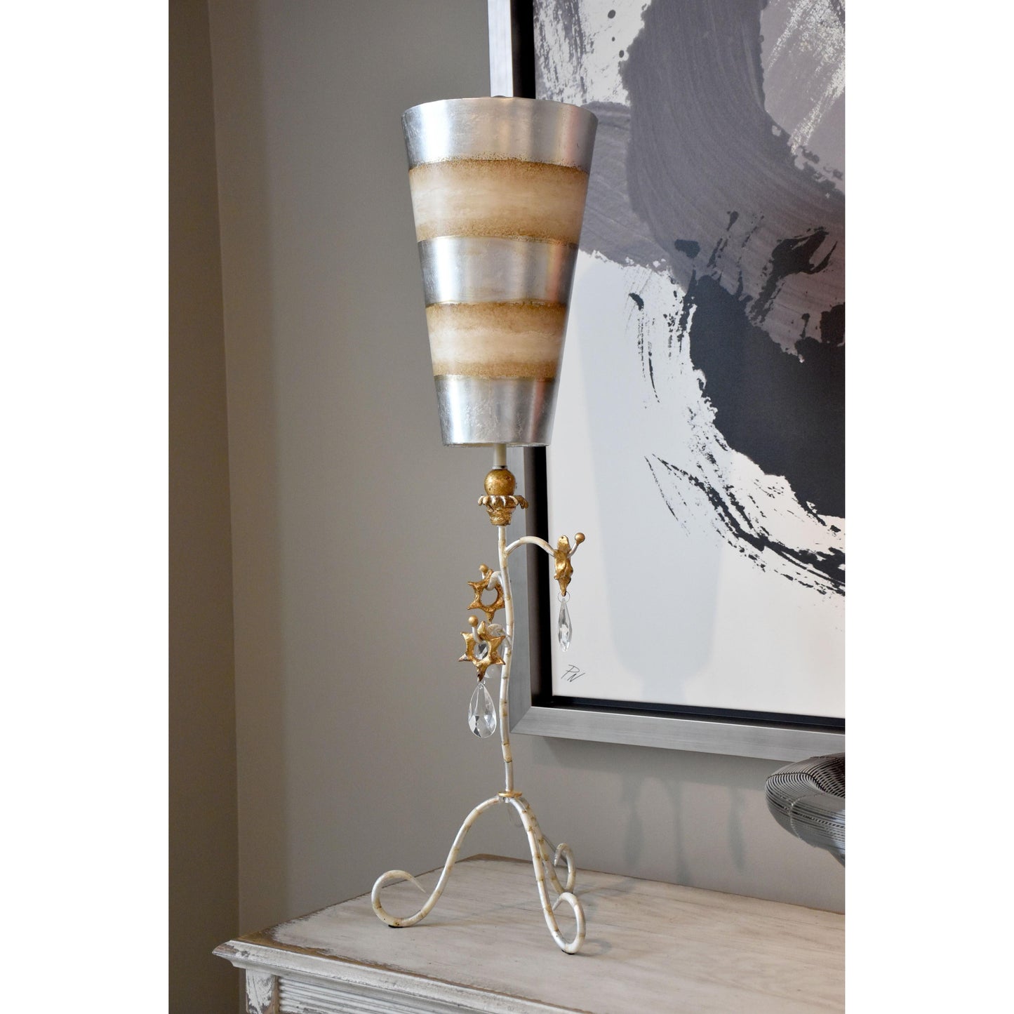 Lucas & McKearn Tivoli 38" Silver Buffet Table Lamp With Cone-Shape Shade and Gold Leaf & Cream Striped Stem