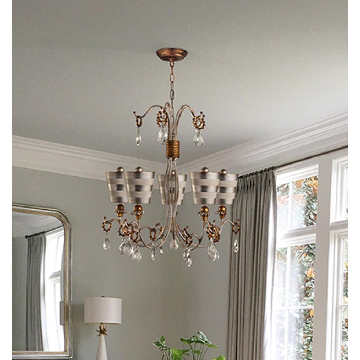 Lucas & McKearn Tivoli 5-Light Silver Chandelier With Inverted Cone-Shaped Cream Striped Shade and Gold Accent
