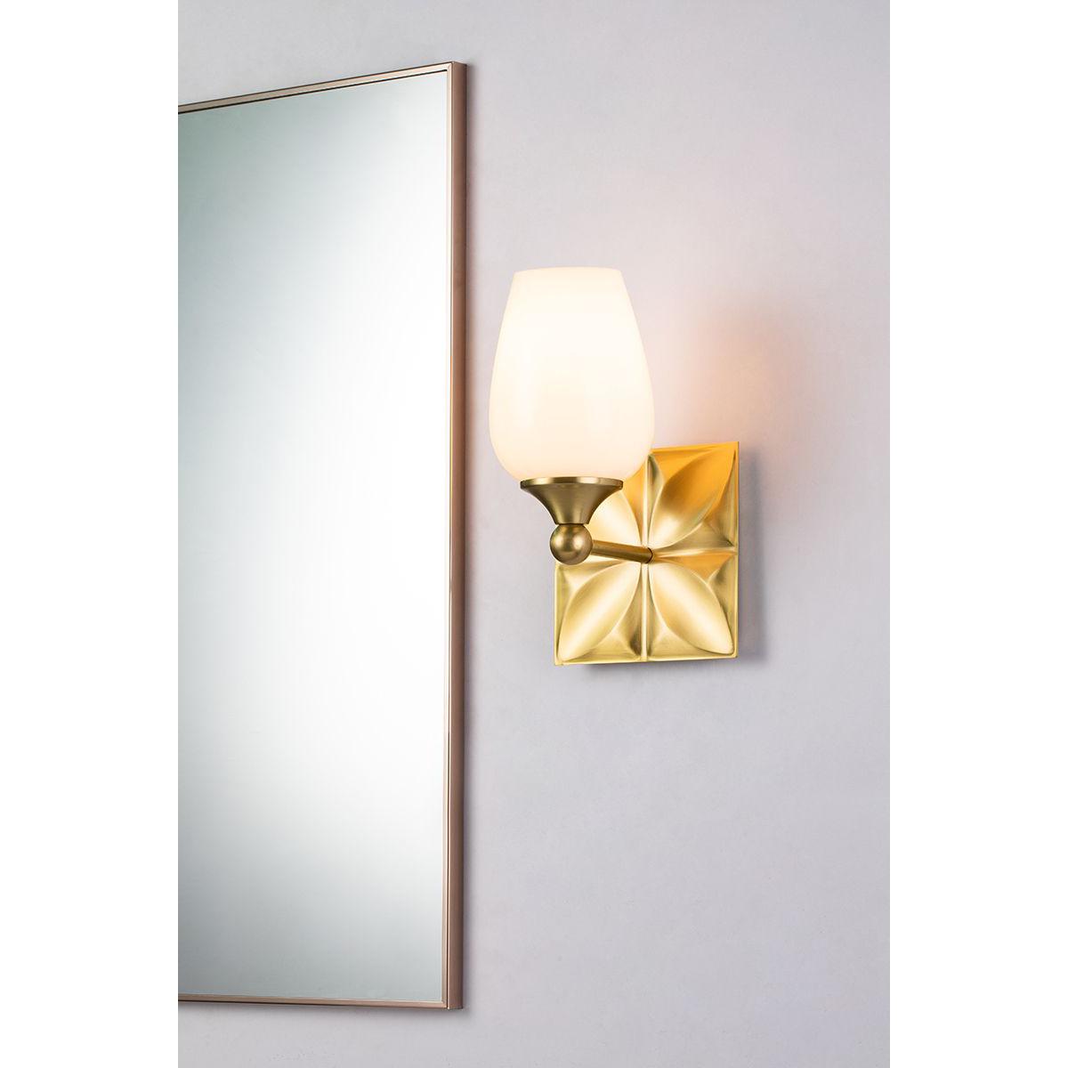 Lucas & McKearn Trellis 1-Light Aged Brass Wall Light With Tulip Shape White Opal Glass Shade