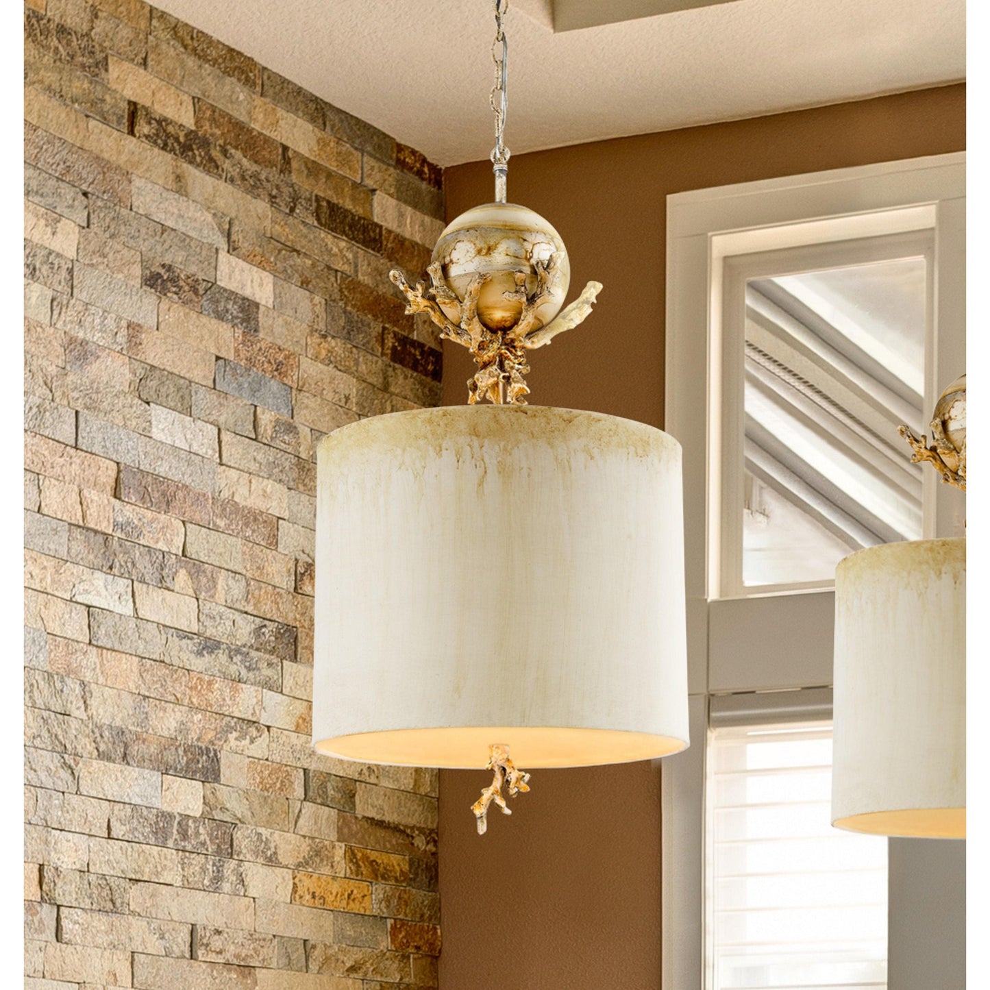 Lucas & McKearn Trellis 1-Light Silver Leaf Pendant With Creamy Ivory Cylinder Drum Shade