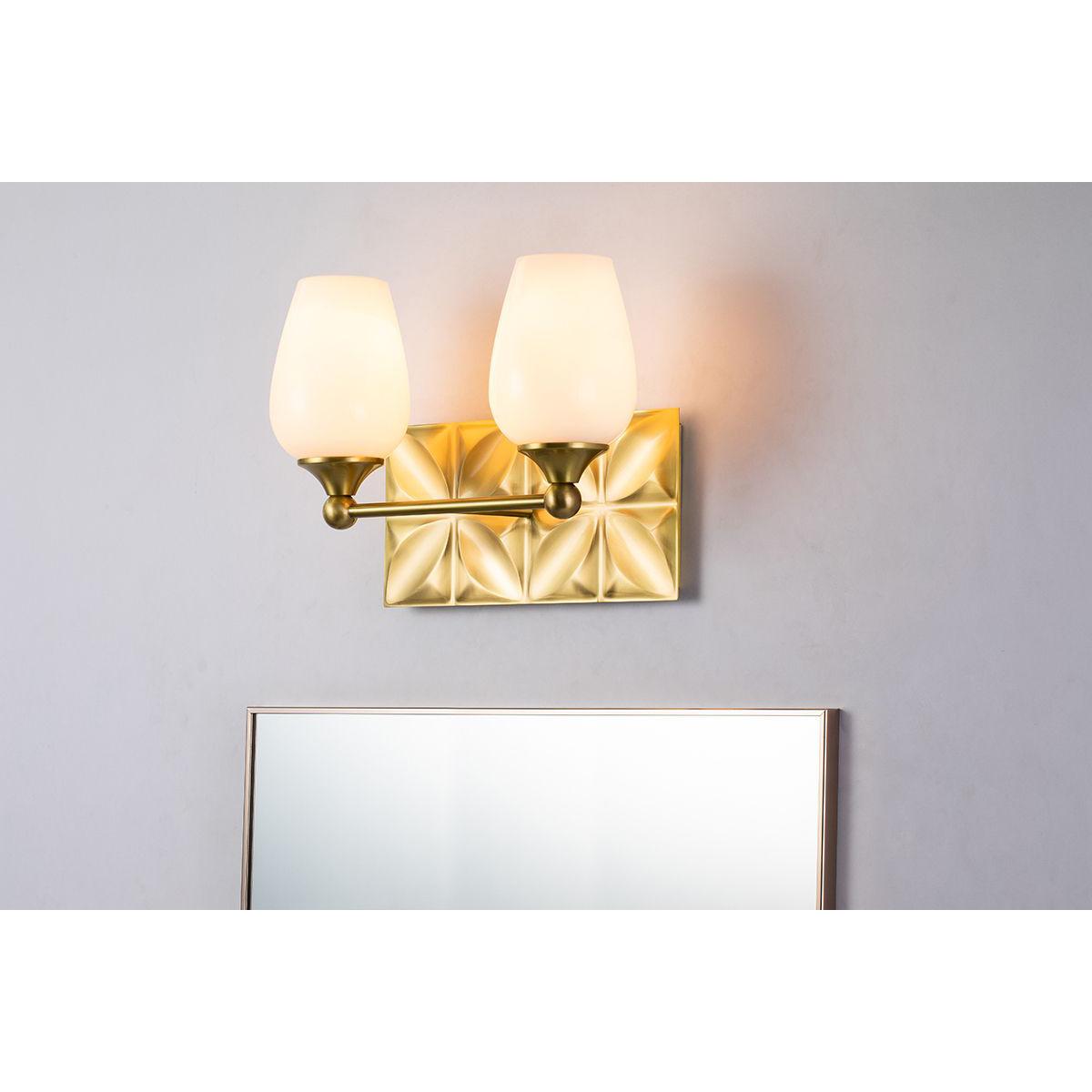 Lucas & McKearn Trellis 2-Light Aged Brass Wall Light With Tulip Shape White Opal Glass Shade