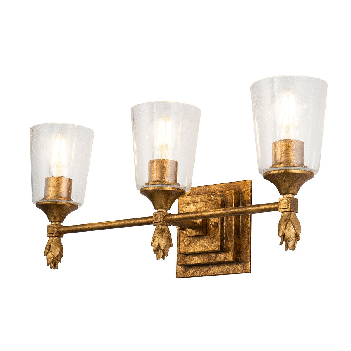Lucas & McKearn Vetiver 3-Light Gold Leaf Wall Light With Flamed-Gold Accent