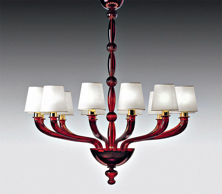 Mazzega 1946 Participation 8-Light Pendant Light in Transparent Red Finish
