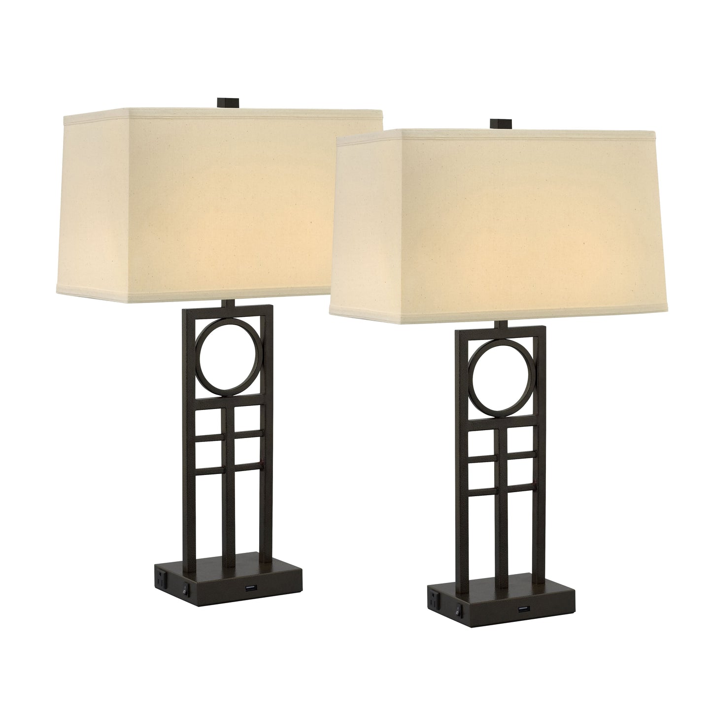 Medallion Lighting Anello 29" Hammertone Bronze Steel Twin-light Double Nightstand Lamp With USB Port, 3-Prong Outlets and Beige Linen Rectangular Shade - Set of 2