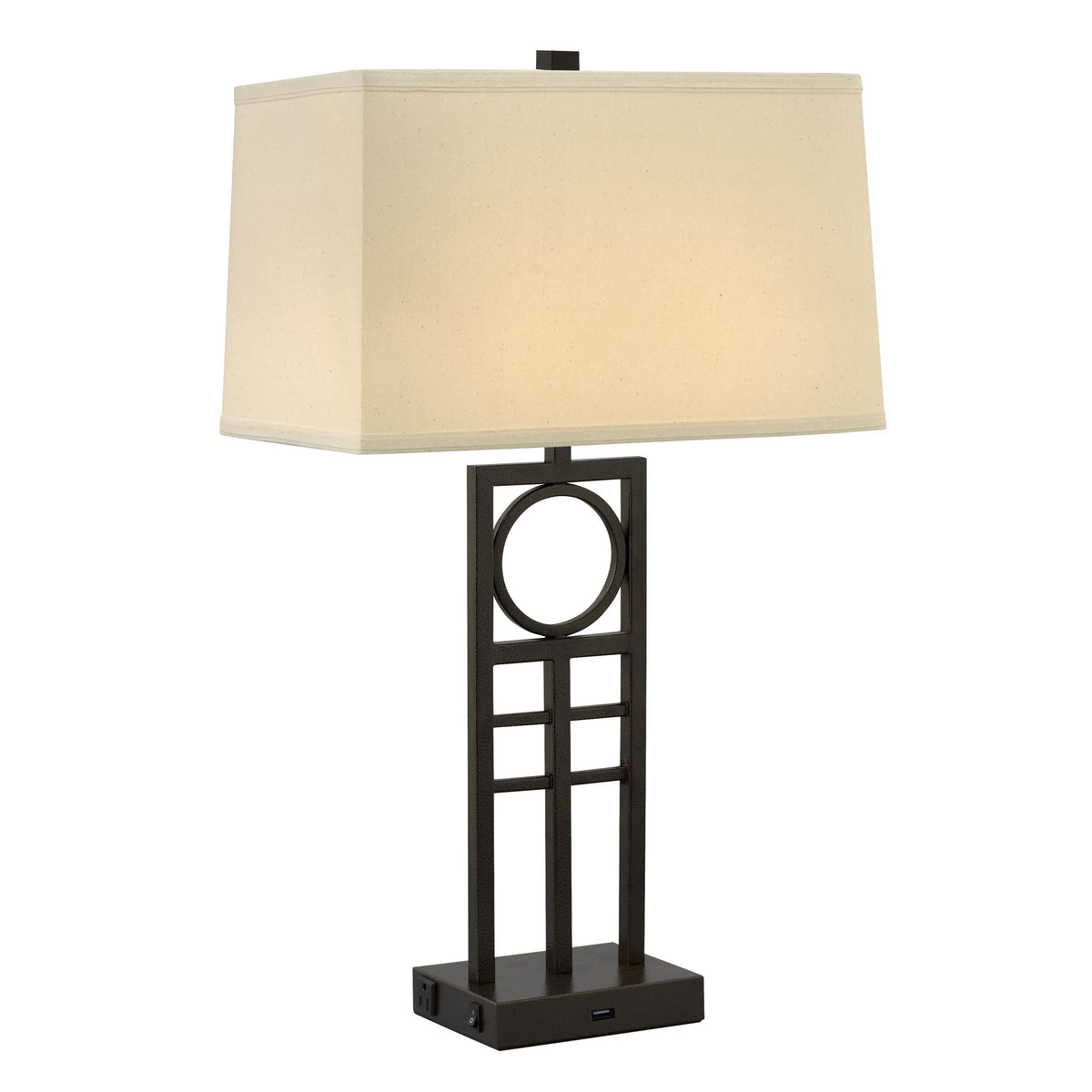Medallion Lighting Anello 29" Hammertone Bronze Steel Twin-light Double Nightstand Lamp With USB Port, 3-Prong Outlets and Beige Linen Rectangular Shade
