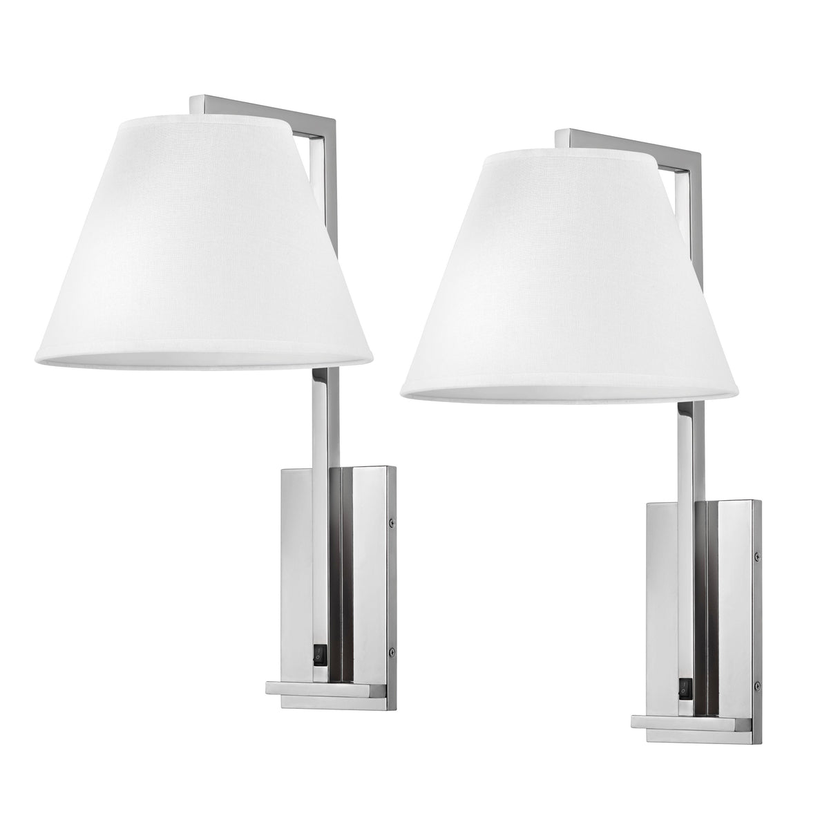 Medallion Lighting Confident Collection 22" Polished Chrome 1-Light Plug-in Armed Wall Sconce With White Fabric Drum Shade - Set of 2