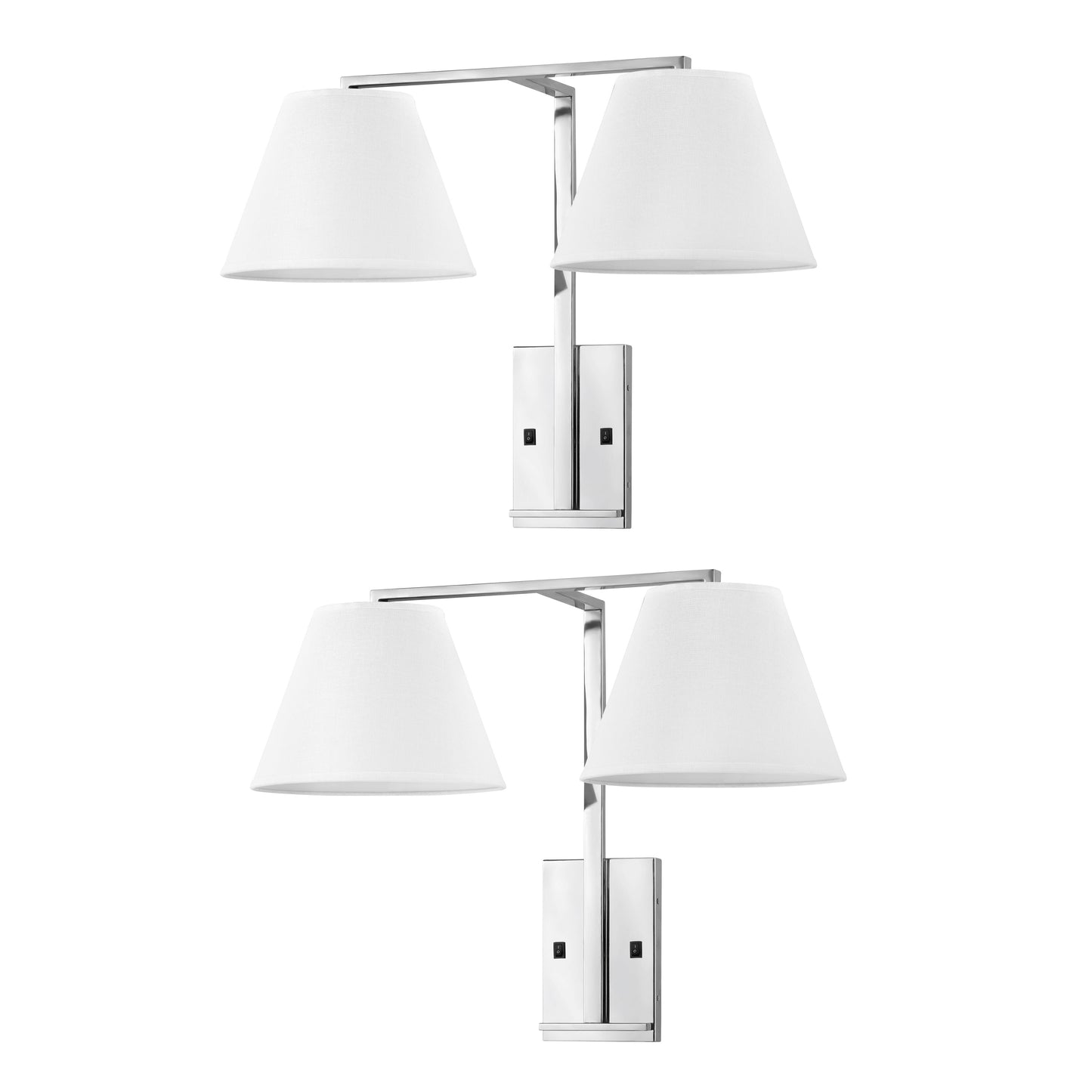 Medallion Lighting Confident Collection 22" Polished Chrome 2-Light Plug-in Armed Wall Sconce With White Fabric Drum Shade - Set of 2