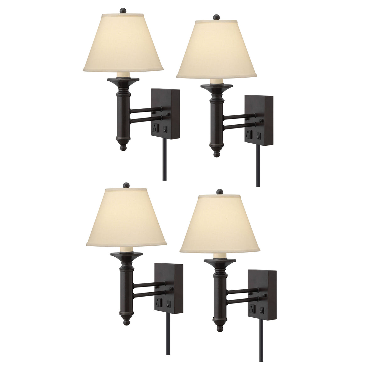 Medallion Lighting Corporation 19" Hammertone Bronze Steel Single Wall Lamp With 3-Prong Outlet and Light Beige Fabric Bell Shade - Set of 4