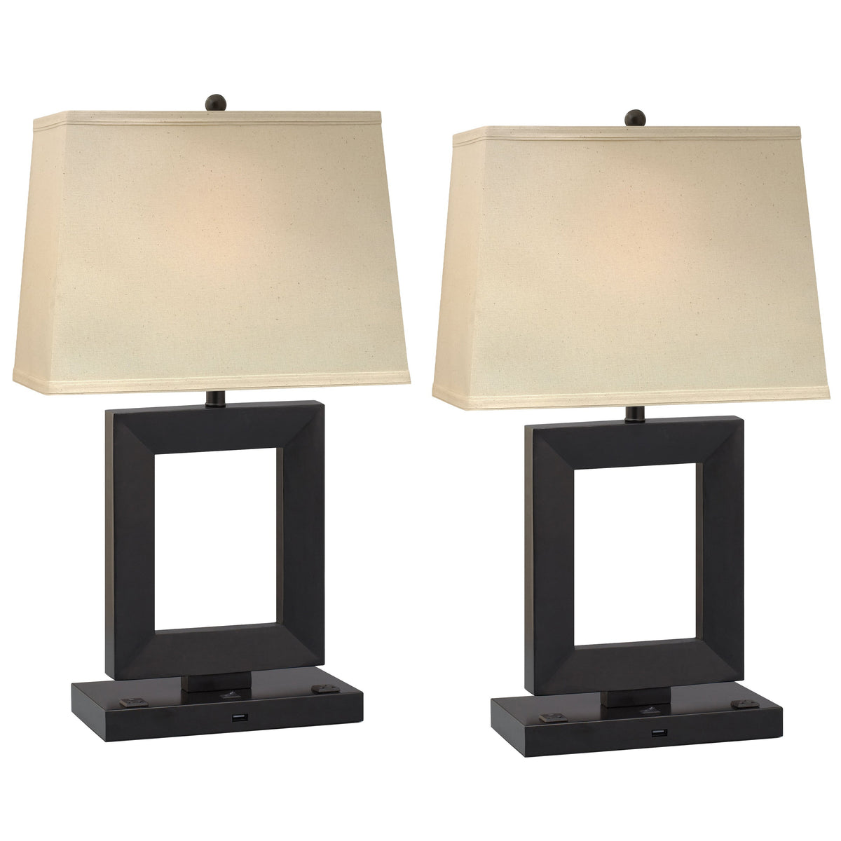 Medallion Lighting Downtown Collection 27" Black Steel/Resin Desk Lamp With USB Port, 3-prong Outlet and Light Beige Fabric Rectangular Shade - Set of 2