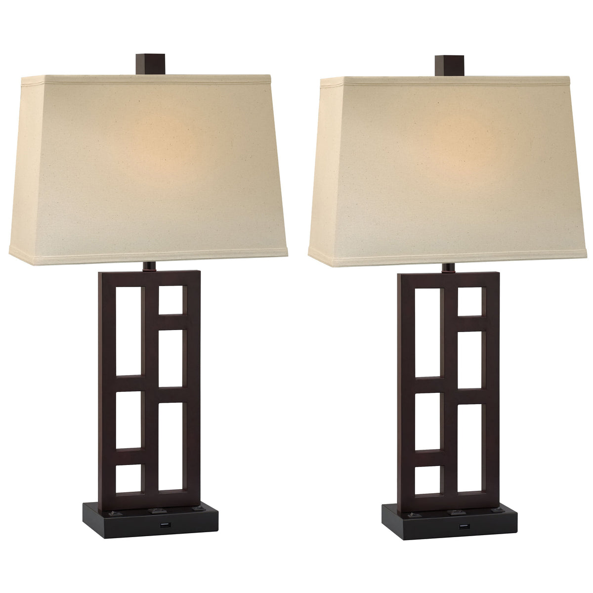 Medallion Lighting Downtown Collection 31" Black/Expresso Twin-light Double Nightstand Table Lamp With USB Port, 3-prong Outlet and Light Beige Fabric Rectangular Shade - Set of 2