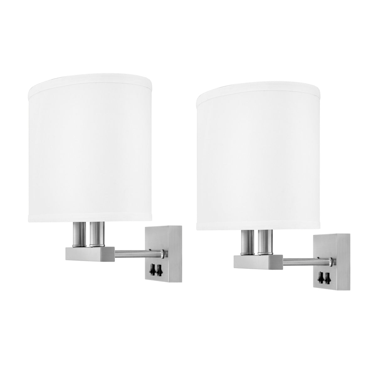 Medallion Lighting Dream Collection 2-Light Brushed Steel Armed Double Wall Lamp Sconce With White Fabric Oval Shade - Set of 2