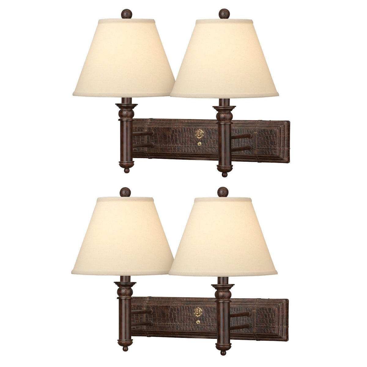 Medallion Lighting English Trunk 19" Old English Leather Resin/Steel Double Wall Lamp With Light Beige Fabric Bell Shade - Set of 2