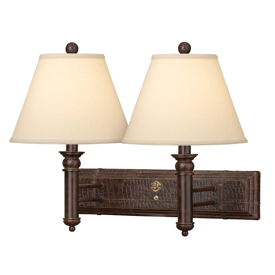 Medallion Lighting English Trunk 19" Old English Leather Resin/Steel Double Wall Lamp With Light Beige Fabric Bell Shade