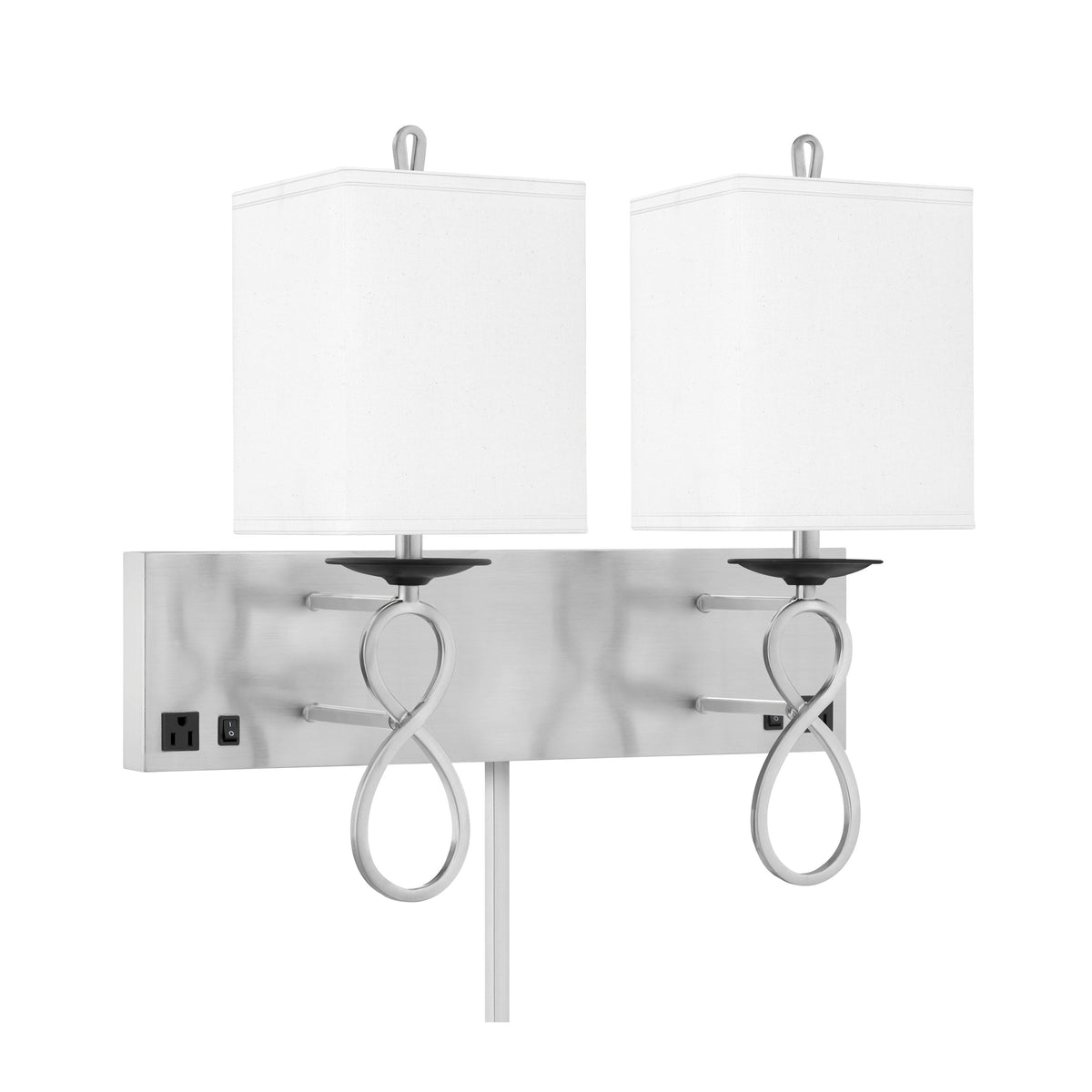 Medallion Lighting Figure 8 21" Brushed Steel/Black Double Wall Lamp With 3-Prong Outlet and White Fabric Square Shade