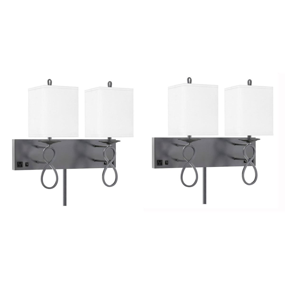 Medallion Lighting Figure 8 21" Gunmetal/Black Double Wall Lamp With 3-Prong Outlets and White Fabric Square Shade - Set of 2