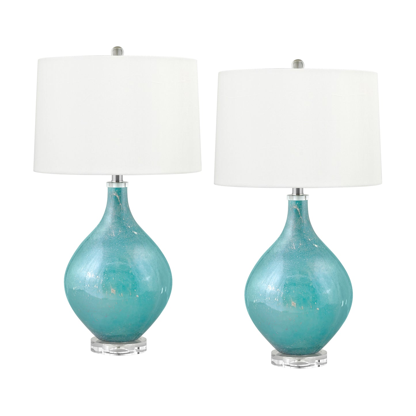 Medallion Lighting Foligno 27" Aqua Blue and Silver Flecks Glass Acrylic Table Lamp With White Fabric Drum Shade - Set of 2