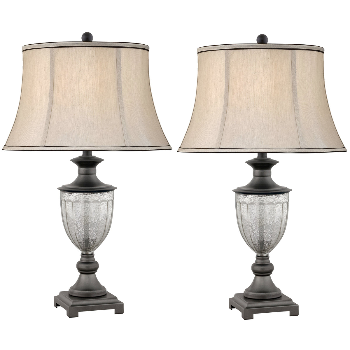 Medallion Lighting Fucile 30" Gunmetal and Mercury Glass Steel Table Lamp With Grey Silk Bell Shade - Set of 2