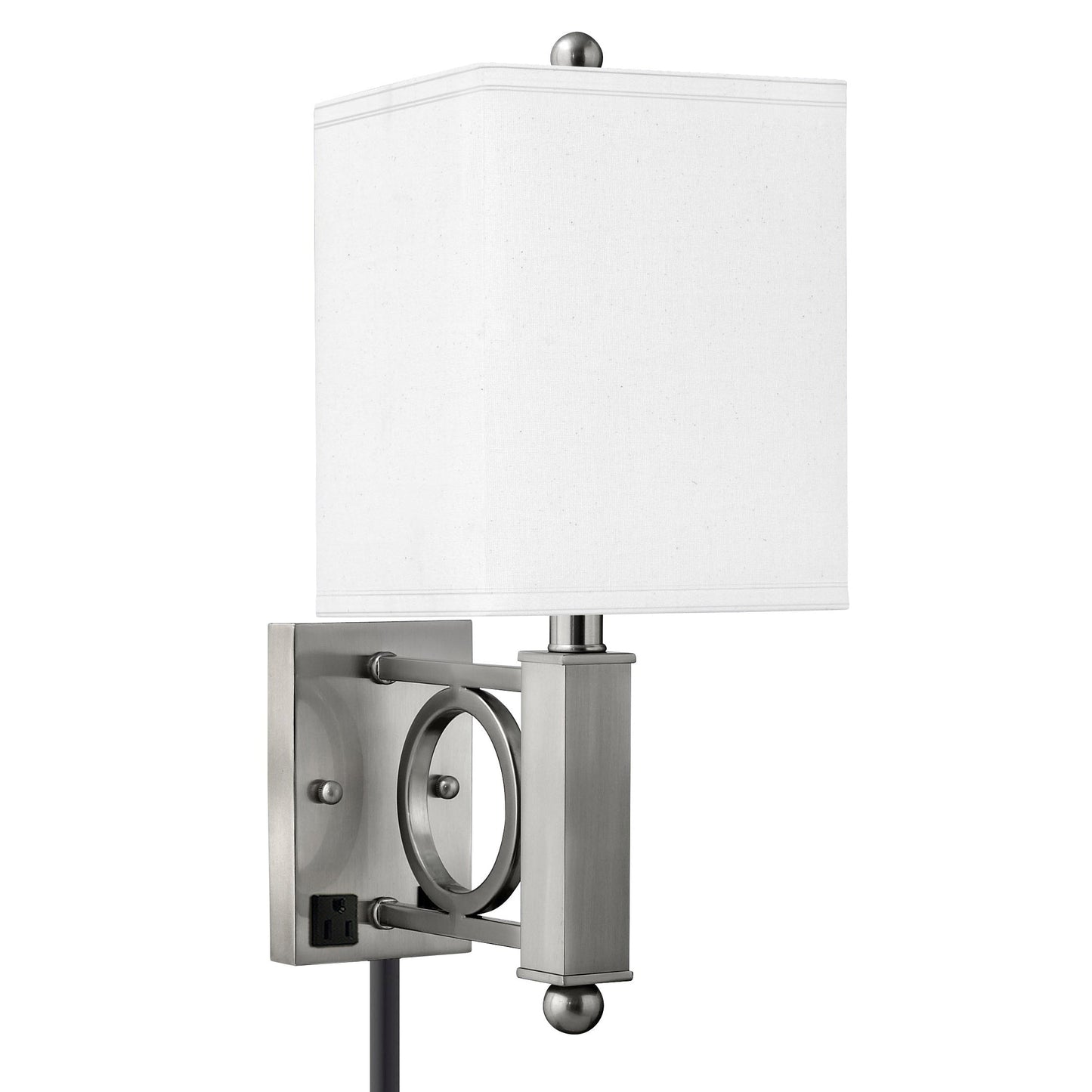Medallion Lighting Geometrics 18" Brushed Steel Single Wall Lamp With 3-Prong Outlets and White Fabric Square Shade