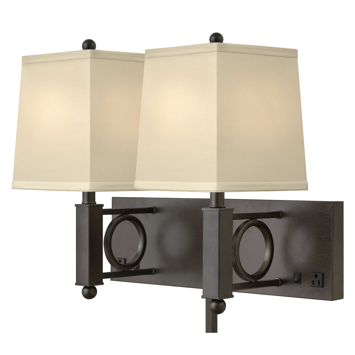 Medallion Lighting Geometrics 18" Hammertone Bronze Steel Double Wall Lamp With 3-Prong Outlets and Light Beige Fabric Square Shade