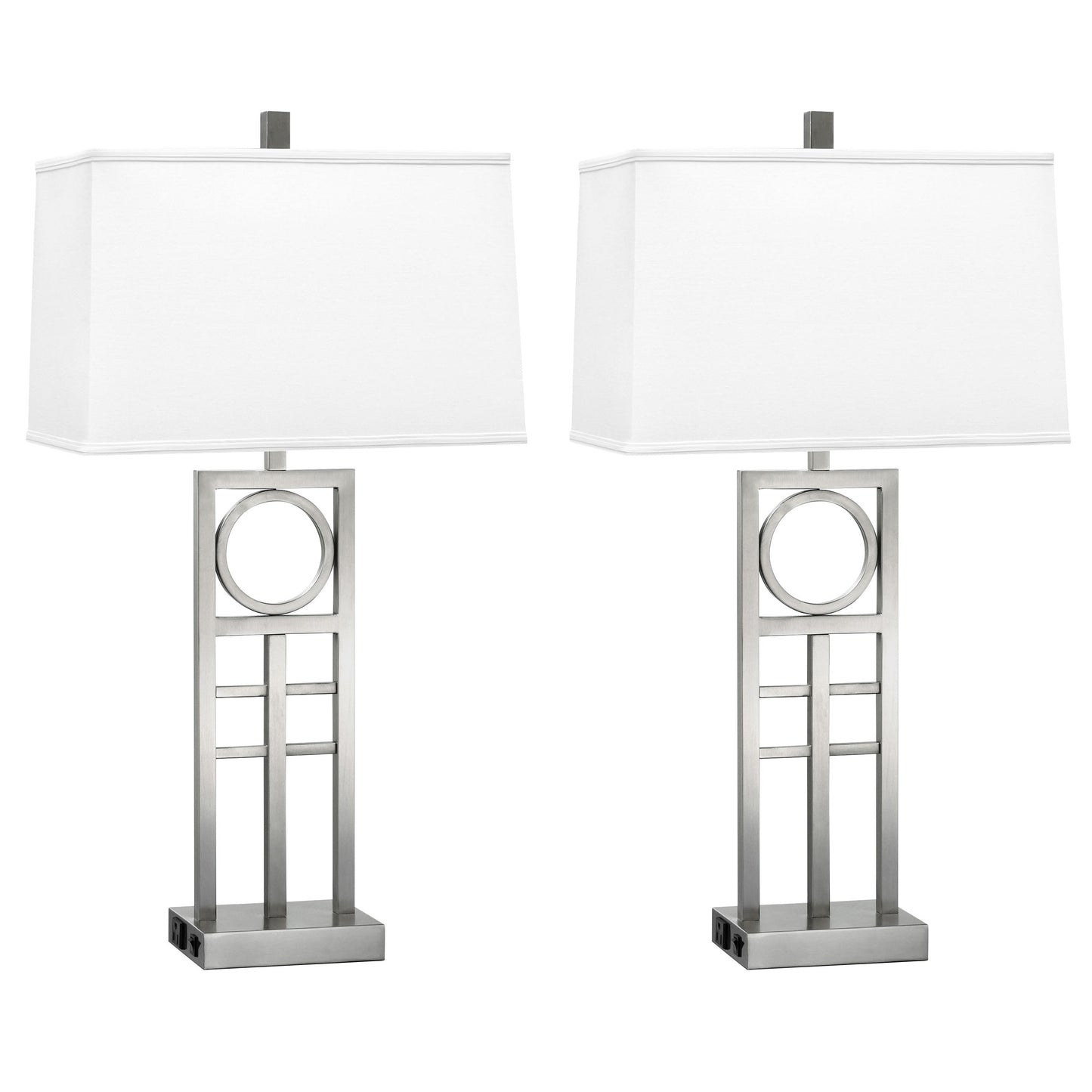 Medallion Lighting Geometrics Group 26" Brushed Steel Desk Lamp With 3-prong Outlets and White Fabric Rectangular Shade - Set of 2